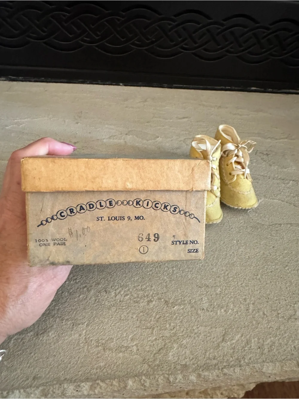 Vintage Baby Booties With original Box, Yellow Wool Lace-Up Booties So Sweet!
